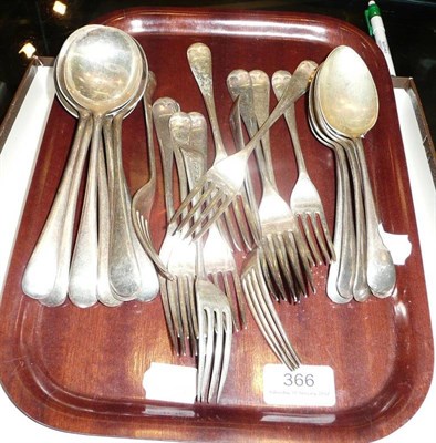 Lot 366 - Seven silver soup spoons, eleven forks and five dessert spoons