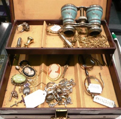 Lot 374 - A box containing costume jewellery, pair lorgnettes, opera glass, horn rim spectacles, a silver...