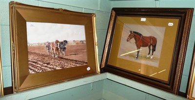 Lot 412 - David Davies - Horses ploughing, signed, watercolour; N. Butterworth - Bay hunter, signed,...