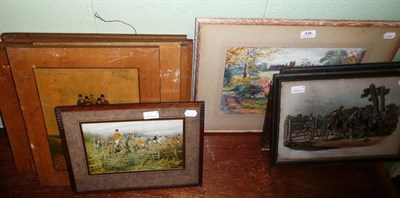 Lot 416 - A set of four racing prints and a pair of coaching scenes - unframed, two watercolour garden...