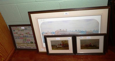 Lot 421 - A framed alphabet sampler dated 1876, a framed racing print 'Gosforth Park' and two other pictures