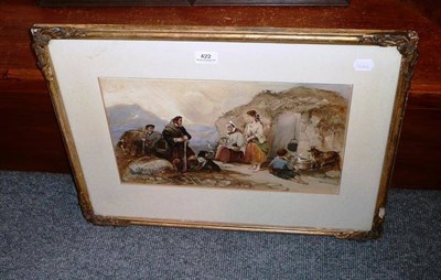 Lot 422 - Watercolour by George Bryant Campion, a highland family outside a croft