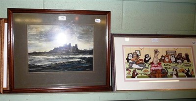 Lot 441 - F Moors - Bamburgh Castle, signed, watercolour; Linda Smith - "The Stag Party", colour print of...