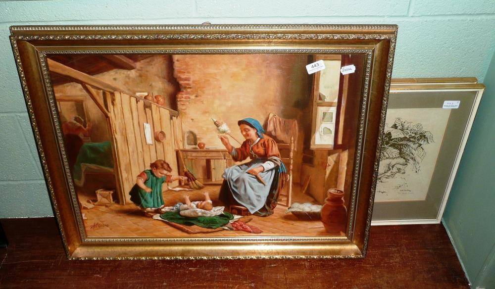 Lot 443 - A Moreno - Italian figures in an interior, oil, and four wildlife prints