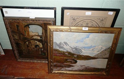 Lot 444 - Oil on panel - Mountainous lakeland scene; watercolour landscape; oleograph of an Italian...