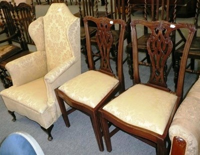 Lot 520 - Wing armchair and a pair of Chippendale-style chairs