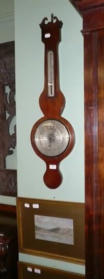 Lot 580 - Mahogany wheel barometer and three framed watercolours