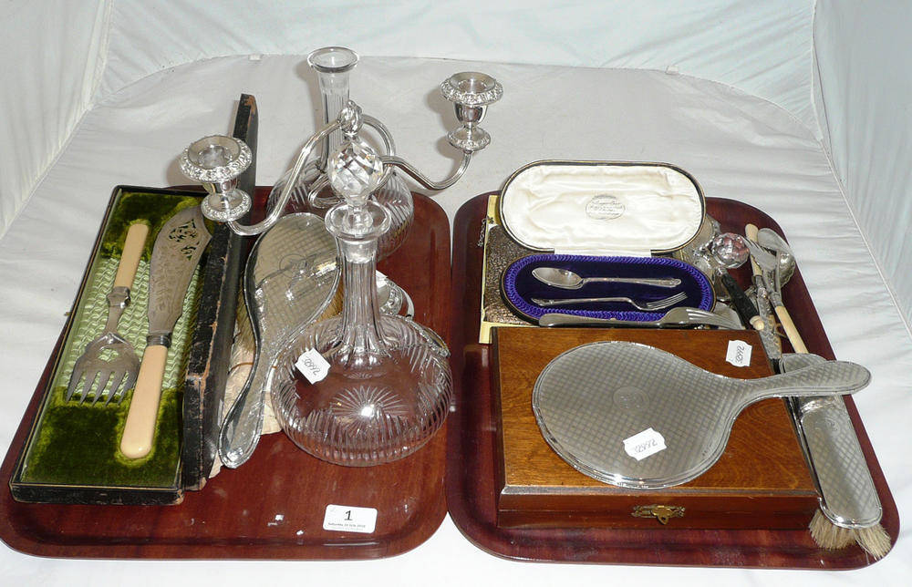 Lot 1 - Cased silver spoons, cased silver christening set and a quantity of plated ware, etc on two trays