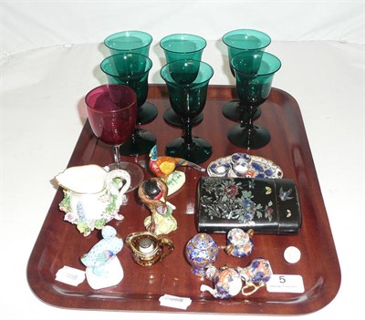 Lot 5 - A tray including six green glass wines, cranberry glass wine, a small Meissen floral encrusted jug
