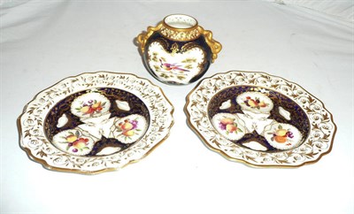 Lot 15 - Grainger Worcester bird painted globular vase and a pair of no. 130 fruit painted plates