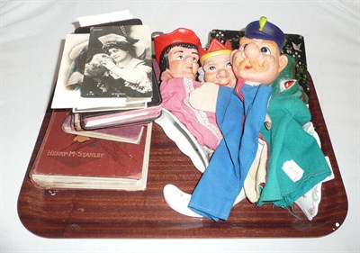 Lot 17 - Two Worcester wall pockets, papier mache box, books, postcards, four hand puppets and pipe rack