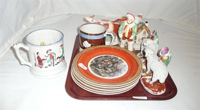 Lot 37 - Five Prattware plates, pottery frog mug, copper lustre mug and six Staffordshire style groups
