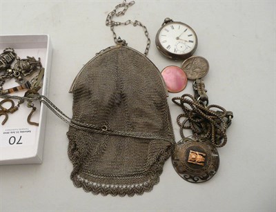 Lot 70 - A silver-cased pocket watch, an Albertina, two other watch chains, a plated reticule, a silver...