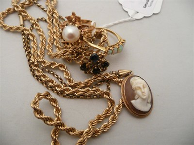 Lot 78 - Opal ring, sapphire ring, two other rings, cameo pendant on chain and a rope chain