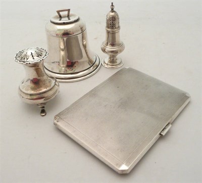 Lot 86 - Silver 'bell' inkwell, silver cigarette case and two small silver condiments