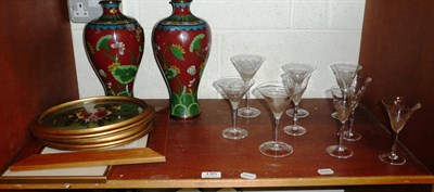Lot 135 - Pair of cloisonne vases, Art Deco glassware, ten various framed watercolours, prints etc