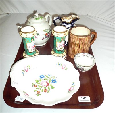 Lot 145 - A tray including a pair of green ground floral spill vases (a.f), a Newhall teabowl, a shell shaped