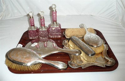 Lot 149 - Edwardian silver backed six piece dressing table set inscribed 'Annie' and suite of three cut glass