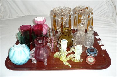 Lot 150 - Tray of coloured glass including a pair of candle lustres, vases, beakers, two paperweights etc