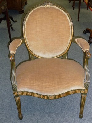 Lot 1444 - An 18th Century Green and Parcel Gilt Fauteuil, upholstered in brown/beige velvet, the oval...