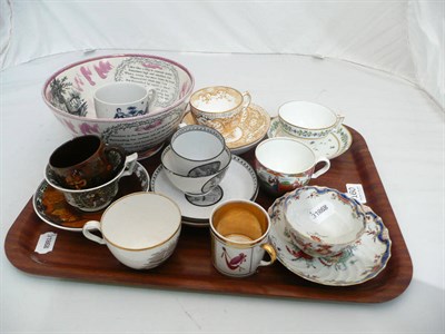 Lot 160 - A tray of mainly 19th century ceramics including an early Worcester cup and saucer, bat printed...