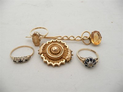 Lot 164 - Citrine-set brooch, Victorian gold brooch and three dress rings