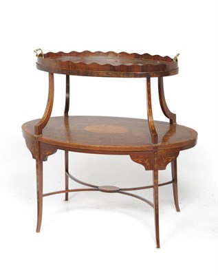 Lot 1446 - An Edwardian Mahogany and Satinwood Inlaid Two-Tier Étagère, with removable tray top, the two...