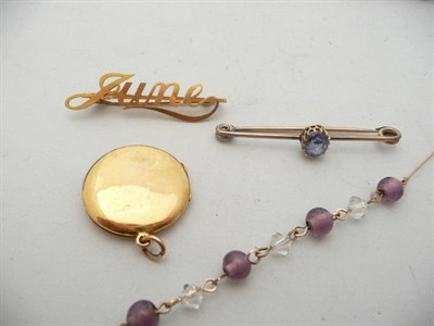 Lot 190 - A 9ct gold locket (a.f.), a "June" brooch stamped "15", a sapphire bar brooch and a necklace...
