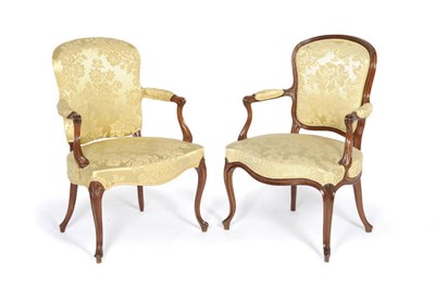 Lot 1473 - A Matched Pair of Mahogany Frame Fauteuil, in French Hepplewhite Style, upholstered in yellow...