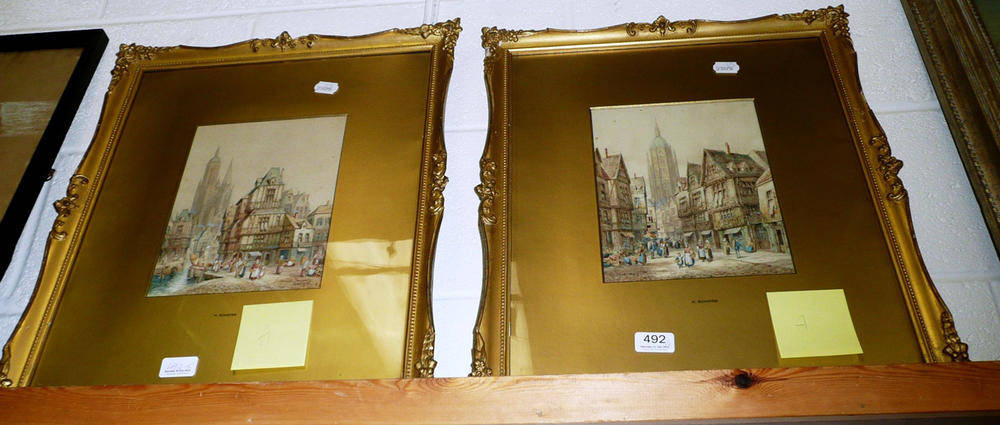 Lot 492 - After H Schafer - two gilt-framed watercolours of Continental street scenes