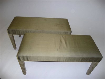 Lot 1482 - A Pair of Early 19th Century Long Stools, the rectangular seats upholstered in grey-green silk,...