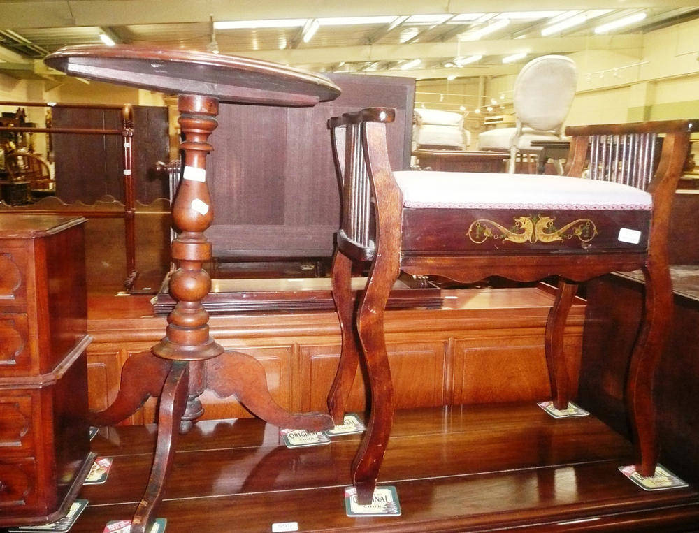 Lot 552 - A Victorian toilet mirror, music seat and a Victorian mahogany tripod table