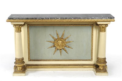 Lot 1487 - A Regency Painted Pine, Part-Gilt and Marble Console Table, grey-veined marble top over leaf-carved