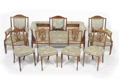 Lot 1517 - A Late 19th Century Rosewood and Marquetry Settee, upholstered in green floral print damask,...