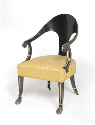 Lot 1529 - A Regency Ebonised and Part Gilt "Roman" Chair, the rounded back and arms with scrolled...