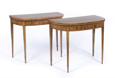 Lot 1537 - A Pair of Sheraton Period Mahogany and Satinwood Crossbanded Card Tables, the folding D shape...