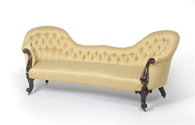 Lot 1560 - A Victorian Rosewood Framed Settee, upholstered in yellow silk damask, the double rounded back with