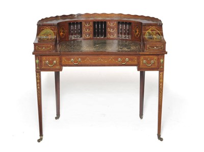 Lot 1570 - An Edwardian Mahogany and Painted Carlton House Desk, the raised back decorated with oval panels of