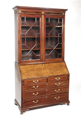 Lot 1578 - A Late George III Inlaid Mahogany Bureau Bookcase, the stepped dentil cornice above a frieze inlaid