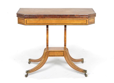 Lot 1601 - A George III Satinwood and Rosewood Crossbanded Card Table, the rectangular top opening to reveal a