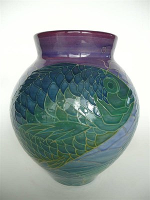 Lot 1631 - A Sally Tuffin for Dennis China Works "Sea Bream" Vase, painted with three sea bream on a...