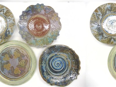 Lot 1651 - Three John Calver Stoneware Studio Pottery Dishes, various glazes, all with painted Calver...