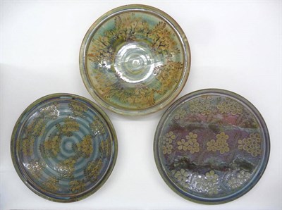 Lot 1652 - Three John Calver Stoneware Studio Pottery Chargers, with various glaze effects, all with...