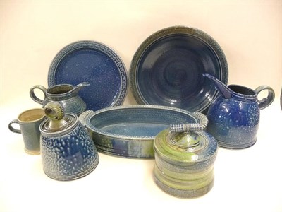 Lot 1657 - A Group of Jane Hamlyn Stoneware Studio Pottery, all blue/green glaze, including an oval...