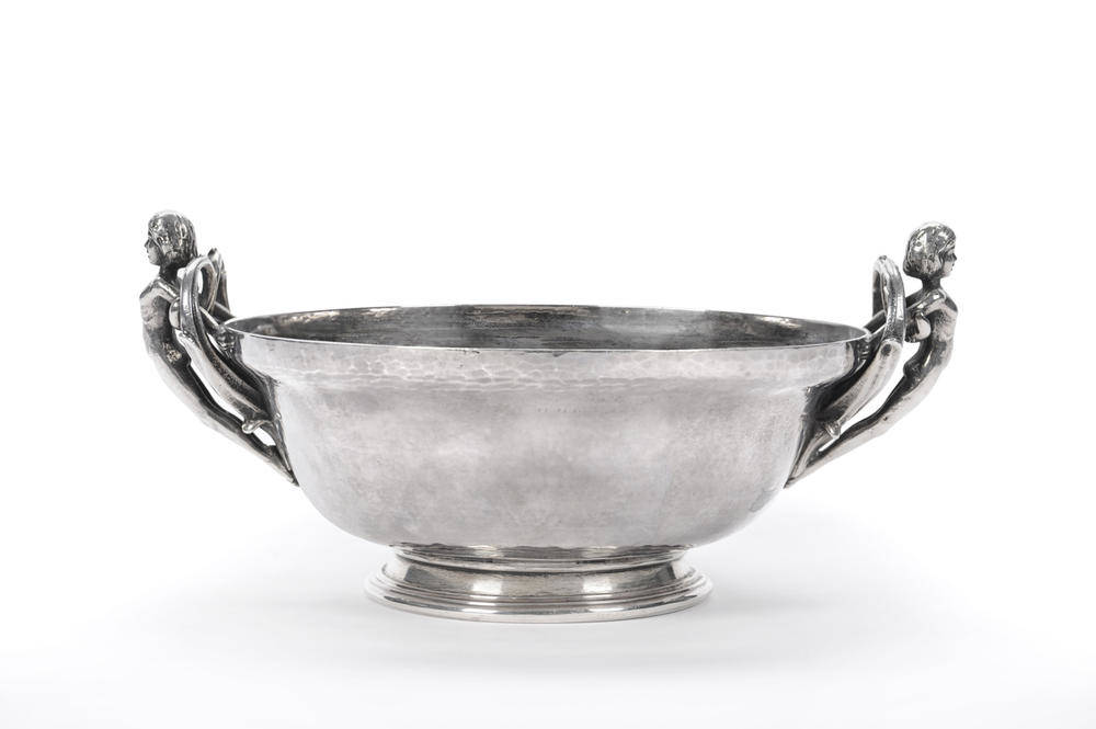Lot 1674 - An Arts & Crafts Twin-Handled Pedestal Bowl, by Omar Ramsden, London, 1936, with applied cast...