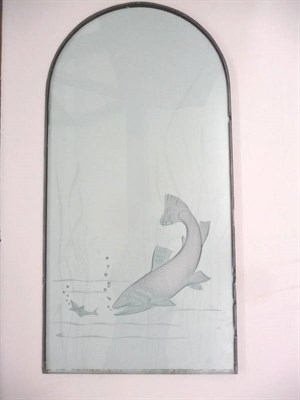 Lot 1681 - A 20th Century Double Glass Arched Panel, by E Pickett & Co, Leeds, etched with a pike chasing...