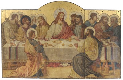 Lot 1683 - A Late 19th Century Triptych on Slate of The Last Supper, central arched panel 138cm high by...