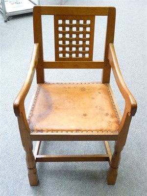 Lot 1699 - A Set of Six (4 + 2) Robert "Mouseman" Thompson Oak Lattice Back Chairs, with octagonal turned...