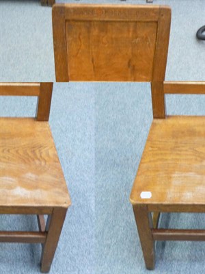 Lot 1716 - Six Robert "Mouseman" Thompson Oak Panel Back and Seat Chairs, on square section legs, joined...