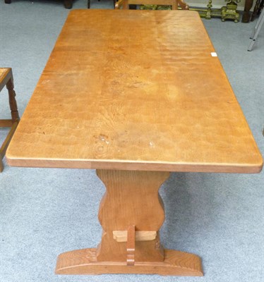 Lot 1726 - A Thomas "Gnomeman" Whittaker Oak 5' Three Plank Top Refectory Table, raised on lyre shaped...